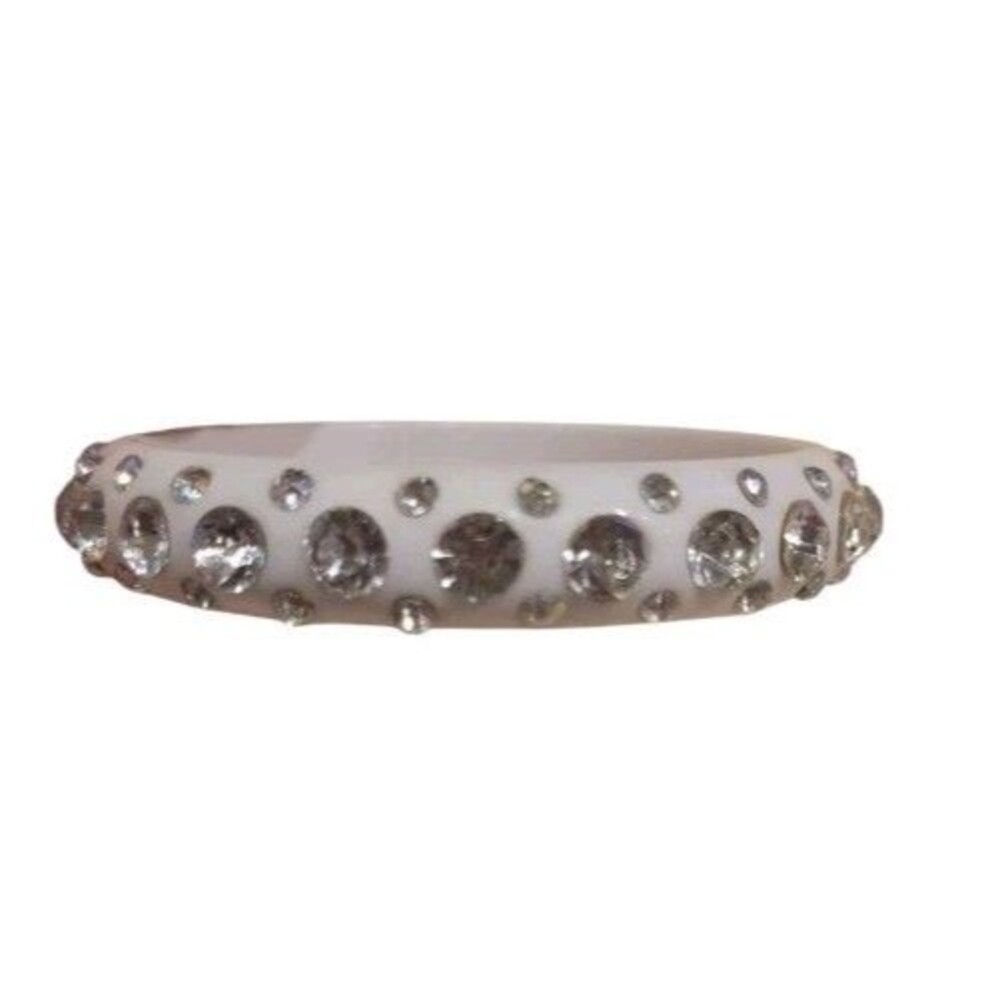 Vintage White Lucite Bangle Bracelet w/ Sparkling  Crystals Rhinestones